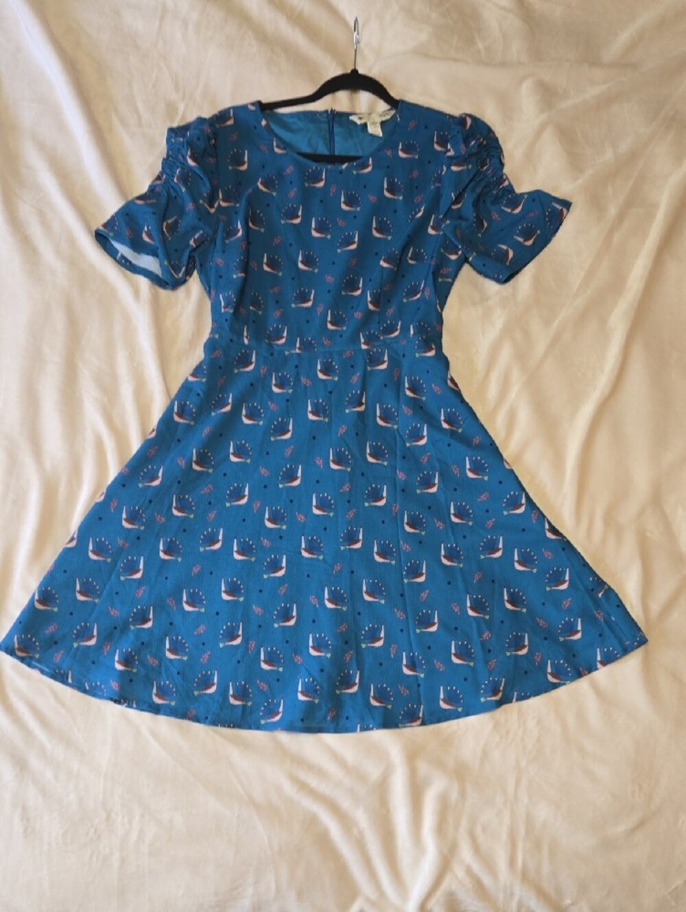 Blue Peacock Print Short Sleeve A-Line Dress
